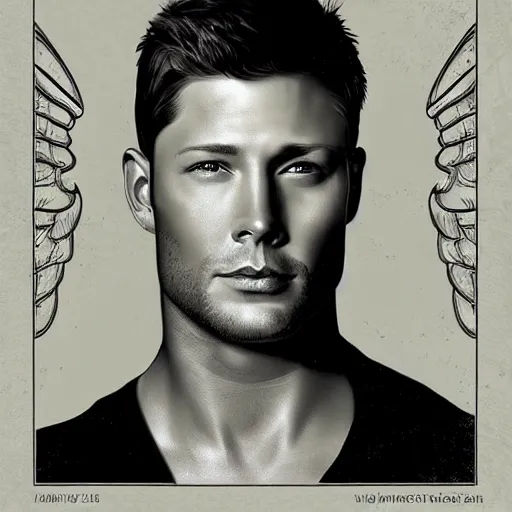 Image similar to Stunning portrait of handsome Jensen Ackles as an angel, in the style of norman rockwell, digital art