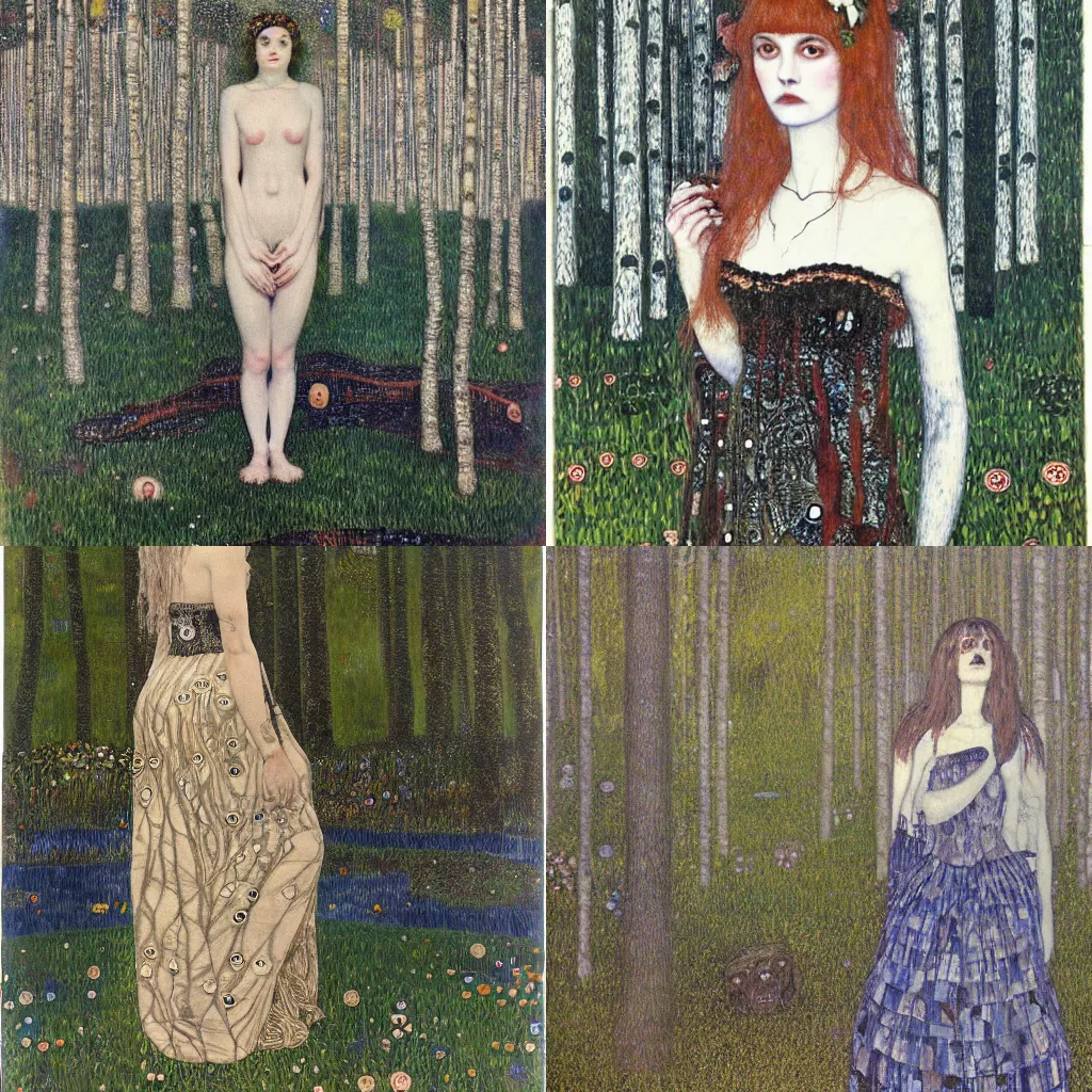 Prompt: Hannah Fierman with beautiful clear defined face and body as a gothic victorian woman standing in front of a lake near an ominous forest. Junji Ito, Gustav Klimt, sharp focus, HR Giger