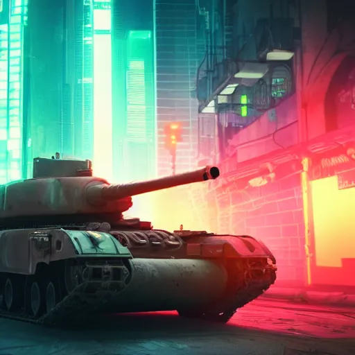 Image similar to high quality photo of a tank in a cyberpunk cyberpunk cyberpunk city, neon lights, realism, 8k, award winning photo, no water