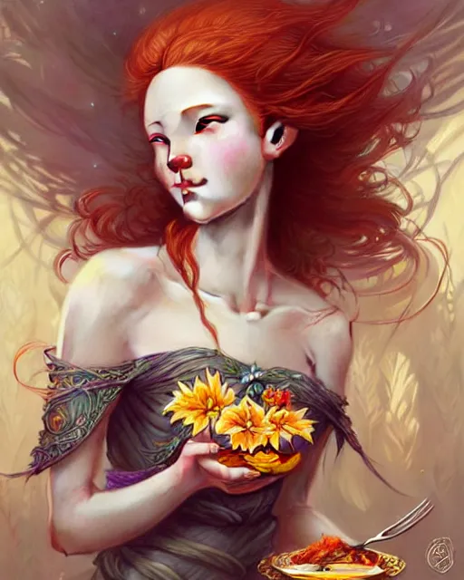 Prompt: Beautiful and playful ethereal ginger portrait having lunch, art nouveau, fantasy, intricate flower designs, elegant, highly detailed, sharp focus, art by Artgerm and Greg Rutkowski and WLOP