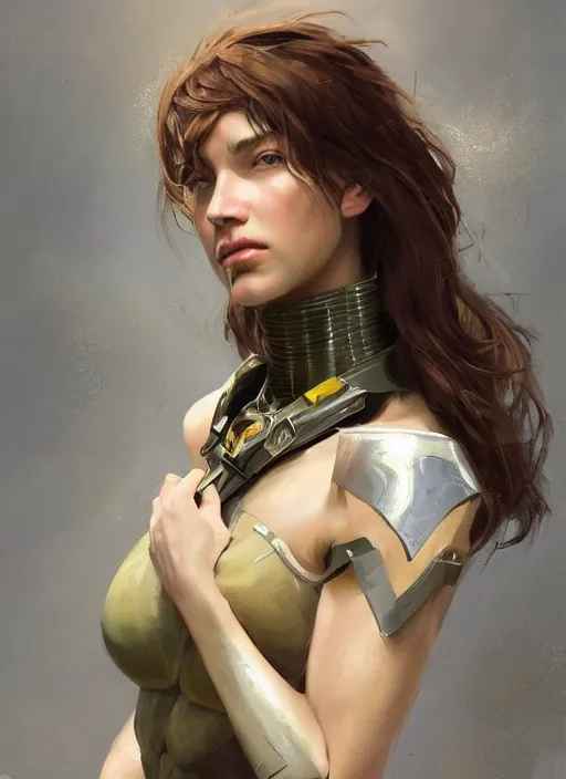 Image similar to a professional painting of a beautiful young female, clothed in military armor, olive skin, long dark hair, beautiful bone structure, symmetrical facial features, intricate, elegant, digital painting, concept art, smooth, sharp focus, illustration, from Metal Gear, by Ruan Jia and Mandy Jurgens and Artgerm and William-Adolphe Bouguerea