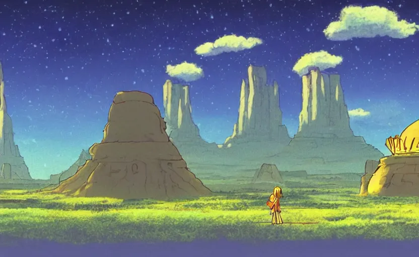 Image similar to a cell - shaded studio ghibli concept art from paprika ( 2 0 0 6 ) of a ufo with lights from close encounters of the third kind ( 1 9 7 7 ) sitting on top of a lush temple that looks like monument valley stonehenge jungle. a giant camel is in the foreground. very dull colors, hd, 4 k, hq