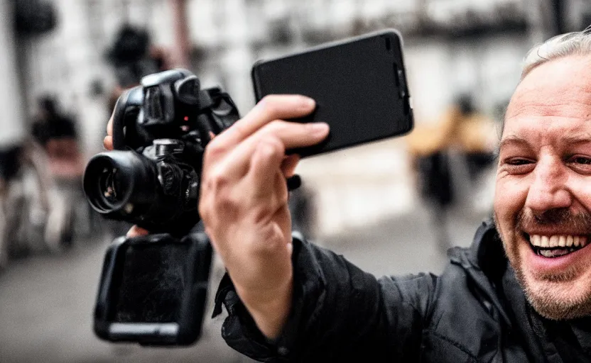 Image similar to frankestein boris karlof smiling taking a selfie, breaking news footage, action, motion, photojournalism