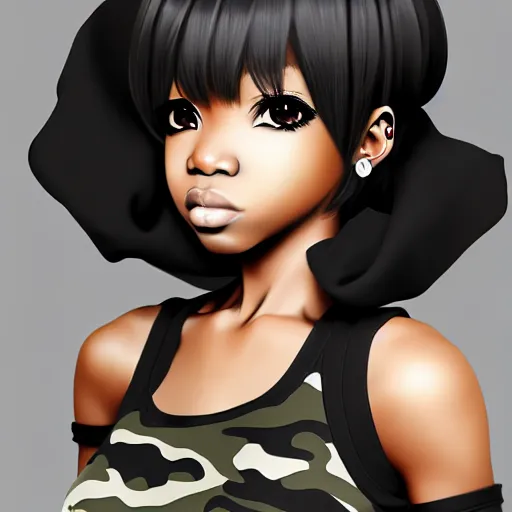 Prompt: black anime manga girl, wearing camo, white french bob, throwing punch pose, realistic, 4 k, artstation, highly detailed, detailed face