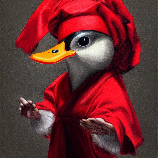 Image similar to cute duck, wearing cultist red robe, doing witchcraft, expressive oil painting, digital art, octane render