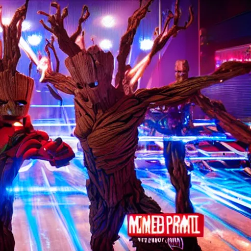 Image similar to groot and optimus prime dancing at techno party among people, wide shoot, after effect ultra realistic 3 d