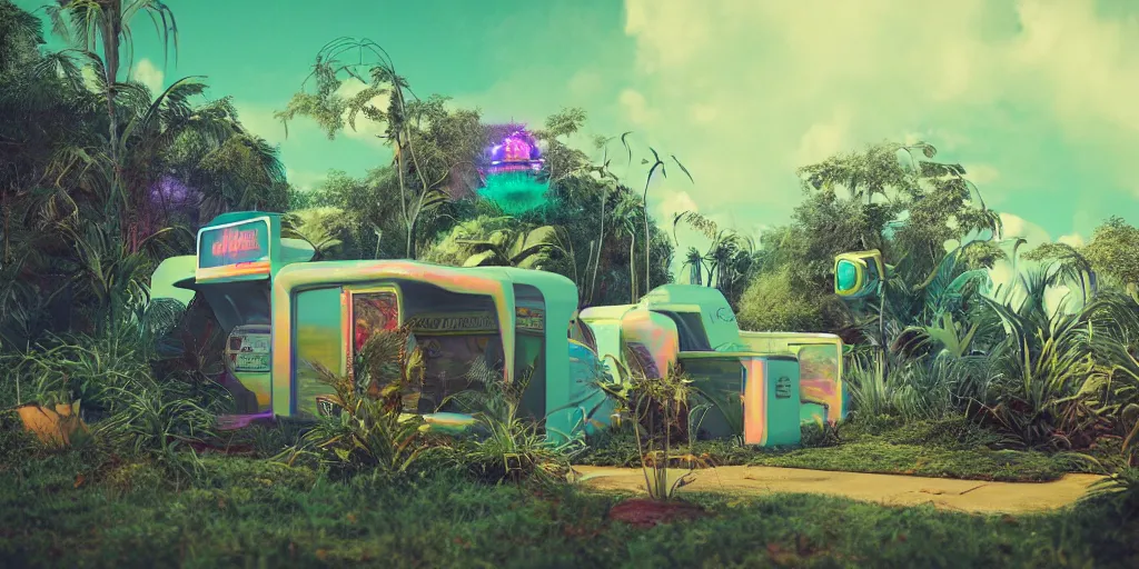 Image similar to 80s outdoor retro arcade, chrome, pastel colors, desolate, lush vegetation, moody:: by beeple and James Gilleard and Justin Gerard :: ornate, dynamic, particulate, intricate, elegant, highly detailed, centered, artstation, smooth, sharp focus, octane render, 3d