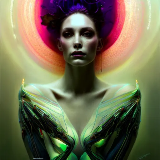 Image similar to extremely psychedelic beautiful cyborg queen of virus infected by night. intricate, elegant, highly detailed, extremely lifelike photorealistic digital painting, artstation. steichen, gaston bussiere, tom bagshaw, cyberpunk alphonse mucha. elegant minimalism. anatomically correct. sultry. sharp focus. white. surreal lush hallucination