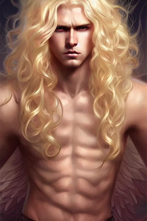 Image similar to digital art of a pale menacing male Angel of Battle with long blond curls of hair and piercing eyes, central composition, he commands the fiery power of resonance and wrath, very very long blond curly hair with bangs!!!, Center parted bangs, fringe, baroque curls, by Ross Tran Rossdraws and WLOP, Artstation, CGsociety