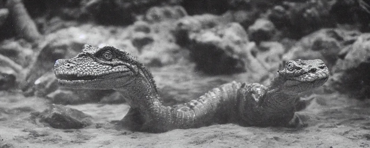 Prompt: an ultra wide colour 3 5 mm film photo of a terrifying reptile humanoid creature, lurking underwater in a public swimming pool, liminal spaces, ritual occult gathering, film grain