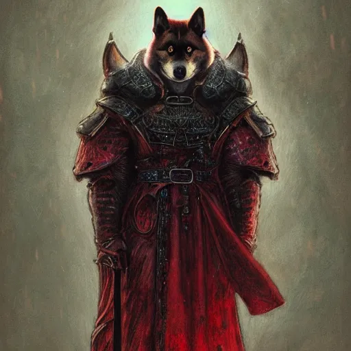 Image similar to anthropomorphic shiba inu, wearing berserk anime darkness armor, blood aura red light, fantasy, dark, portrait art by donato giancola and greg rutkowski, realistic face, digital art, trending on artstation, symmetry