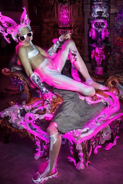 Prompt: full-body rococo and cyberpunk style neon statue of a young attractive Antonio wearing cholo shades macho dotado e rico android sim roupa reclining con las piernas abertas e la piroca dura, ethereal white dripping tar, glowing white lasers, pink tigers, glowing eyes, silver prince crown, black gears, pink diamonds, swirling mint-colored silk fabric. futuristic elements. full-length view. human skulls. large intricate artwork by caravaggio. Trending on artstation, octane render, cinematic lighting from the right, hyper realism, octane render, 8k, depth of field, 3D