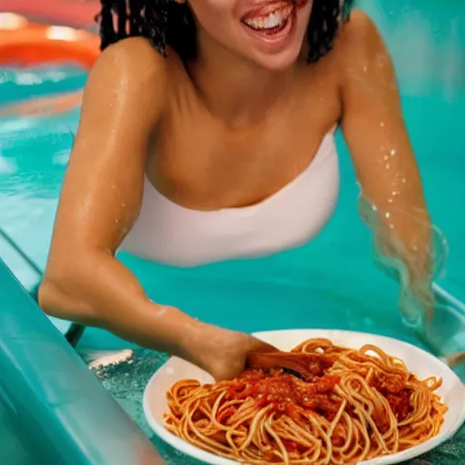 Prompt: a girl swimming in spaghetti with lots of sauce