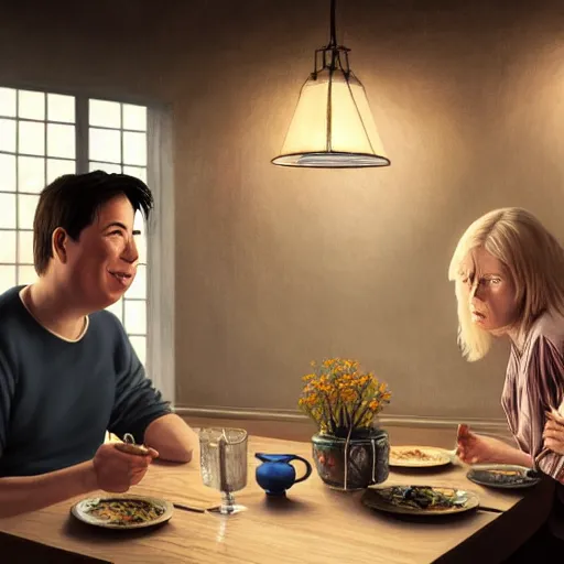 Image similar to portait of michael mcintyre and middle aged blonde woman with short hair and a blonde woman with long hair having dinner at sunday in brooklyn restaurant, anatomy, bathed in light, highly detailed, photorealistic, artstation, smooth, sharp focus, illustration, unreal engine 5, 8 k, art by artgerm and greg rutkowski and edgar maxence