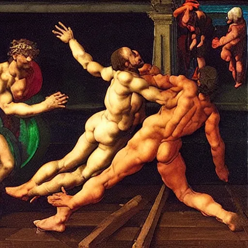 Prompt: two men are fighting on a deck at night, a screenshot by michelangelo, featured on reddit, temporary art, renaissance painting, demonic photograph, ultra realistic