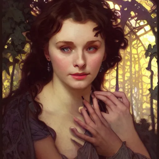 Prompt: a beautiful closeup portrait of a young vivian leigh casting a spell, forest background, serene colors, dramatic light, gorgeous view, depth, high detail, digital art, painted by alphonse mucha and greg rutkowski, trending on artstation