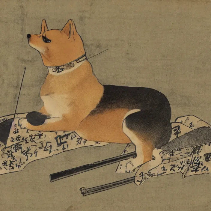 Prompt: a shiba-inu-samurai general waking up from a nap on the battlefield, artwork on loan from the historical dog society of japan