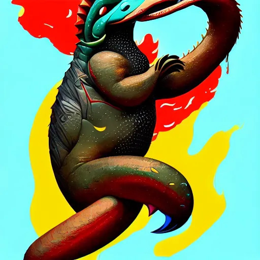 Prompt: huge anthropomorphic platypus merged with a giant dragon, digital art, oil on canvas, fantasy, explosion of color, highly detailed, in the style of jake parker, in the style of conrad roset, swirly vibrant colors, sharp focus, trending on artstation