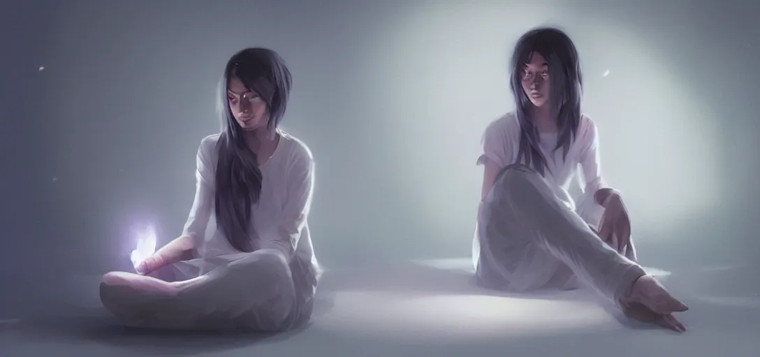 Image similar to Young Himalayan woman sitting concerned in an empty room with loneliness using psychic powers to make a lighter float| night time scene, plain walls |somber white eyes, long ashy hair | gentle lighting, futuristic, dim lighting, digital art by Makoto Shinkai ilya kuvshinov and Wojtek Fus, digital art, concept art,