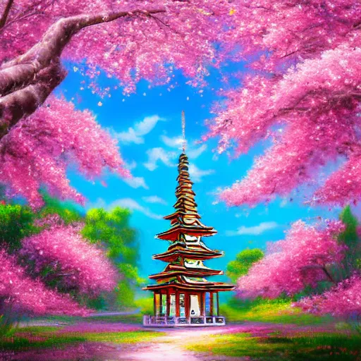 Prompt: detailed airbrushed magical realism oil painting of beautiful pagoda surrounded by blooming pink and white cherry blossom trees 4 k hd