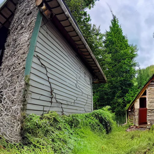 Prompt: a photo of a giant bee on an house, wide angle