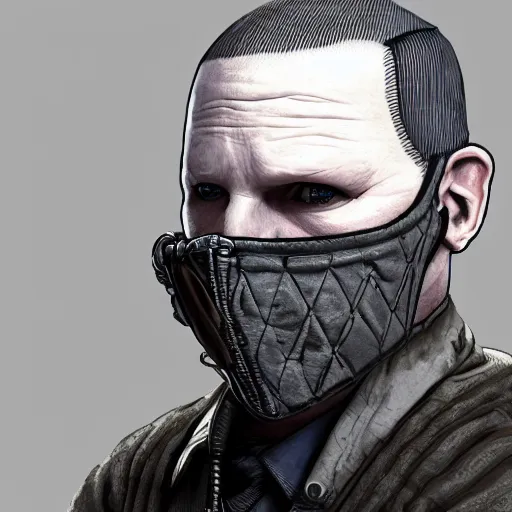 Image similar to portrait isometric drawing, masked Corey Taylor from Slipknot as Aiden Pearce character from Watch Dogs game, cyberpunk, intricate, epic lighting, cinematic composition, hyper realistic, 8k resolution, unreal engine 5, by Artgerm, tooth wu, dan mumford, beeple, wlop, rossdraws, James Jean, Andrei Riabovitchev, Marc Simonetti, yoshitaka Amano, Artstation