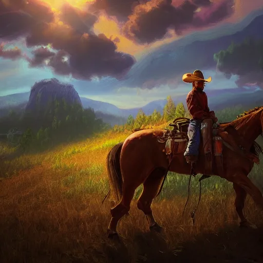 Image similar to cowboy on a hill, colorful, dramatic lighting, detailed, intricate, elegant, highly detailed, digital painting, artstation, concept art, smooth, sharp focus, illustration