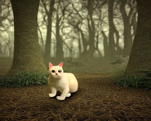 Image similar to a hyperrealistic 3 d render of an evil cat in a haunted forest, extreme wide shot