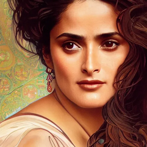 Image similar to salma hayek medium shot portrait by alphonse mucha, perfect proportions, beautiful face, perfect detailed eyes, vivid colrs, elegant, sharp focus, hyper - realistic, 4 k, unreal engine, highly detailed, hd, dramatic lighting by brom