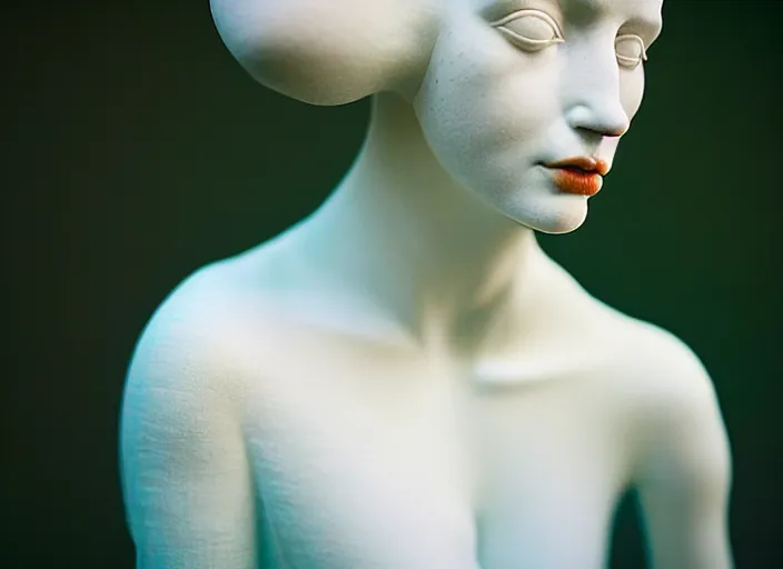 Image similar to cinestill 5 0 d photo portrait of a beautiful hybrid woman - statue in style of tim walker by roberto ferri, body skin weird marble, hair is intricate tulle, 5 0 mm lens, f 1. 2, sharp focus, ethereal, emotionally evoking, head in focus, bokeh volumetric lighting, tonal colors outdoor