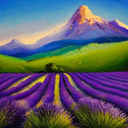 Prompt: A field of lavender with a mountain in the background, serene, beautiful, nature, landscape, peaceful, oil painting, details, sharp focus, By Alyn Spiller, David Villegas, and Barret Frymire