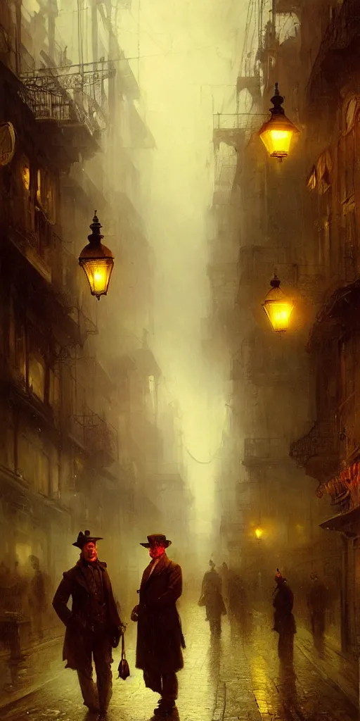 Prompt: a street of a city in 1 9 4 0 with yellow light on from the windows during the night, a men stand up under a light, steam punk, mystical red fog, oil on canvas, art by andreas achenbach, clemens ascher, tom bagshaw and sabbas apterus,
