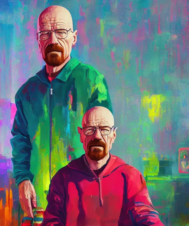 Prompt: a portrait of walter white in a colorful environment in a painting from stalenhag, 4 k, 8 k, hdr, artstation