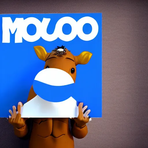 Prompt: a humanoid cow holding a sign that says'mooo ', letters coloured blue, digital art, trending on artstation and unreal engine, smooth, sharp focus, hyperdetailed