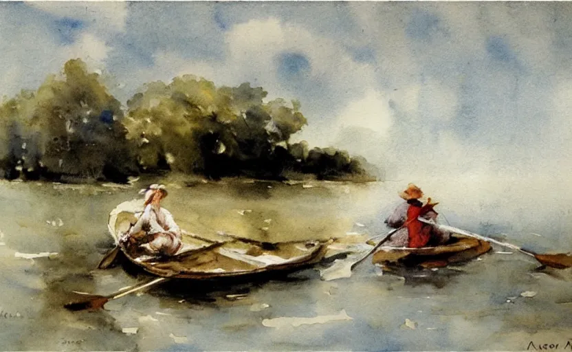 Image similar to watercolor lanscape by anders zorn, realistic, romanticism by goya, rowing boat on lake