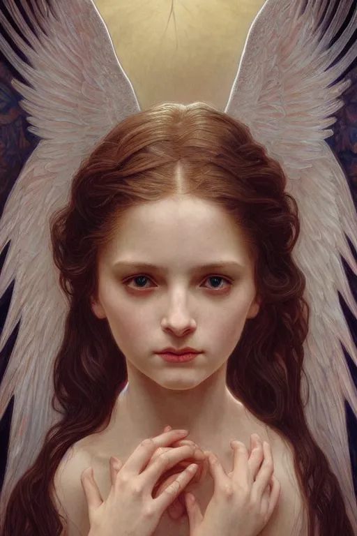 Image similar to Portrait of beautiful pale demonic biblical girl with angelic wings with multiple eyes on them, cinematic lighting, intricate, elegant, highly detailed, digital painting, artstation, smooth, sharp focus, illustration, art by artgerm and greg rutkowski and alphonse mucha and Wayne Barlowe and william-adolphe bouguereau