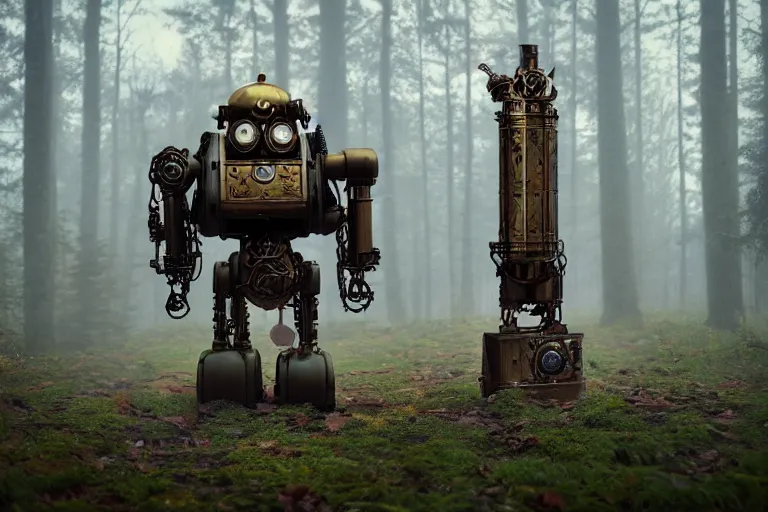 Prompt: steampunk robot standing in a swedish forest, very low angle photograph, brass plates, trending on artstation, realistic, soft colors, simon stålenhag