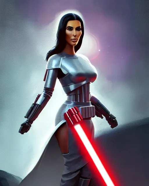 Prompt: kim kardashian : : young woman : : as hot star wars android woman by marvel trading card : : by greg rutkowski, wlop, instagram, unreal engine, : :