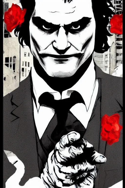 Prompt: joaquin phoenix, little bruce wayne, red flower, joker, comic book cover, issues 2 0, by dc comics, justify content center, delete duplicate object content!, violet polsangi pop art, gta chinatown wars art style, bioshock infinite art style, incrinate, realistic anatomy, hyperrealistic, 2 color, white frame, content balance proportion