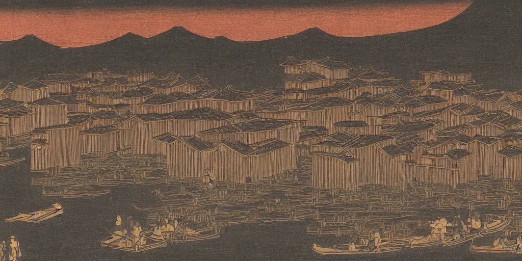 Image similar to woodblock print of a japanese harbor at midnight, beautiful lighting, deep colors, extremely intricate, hyper detailed, hd, edo period masterpiece