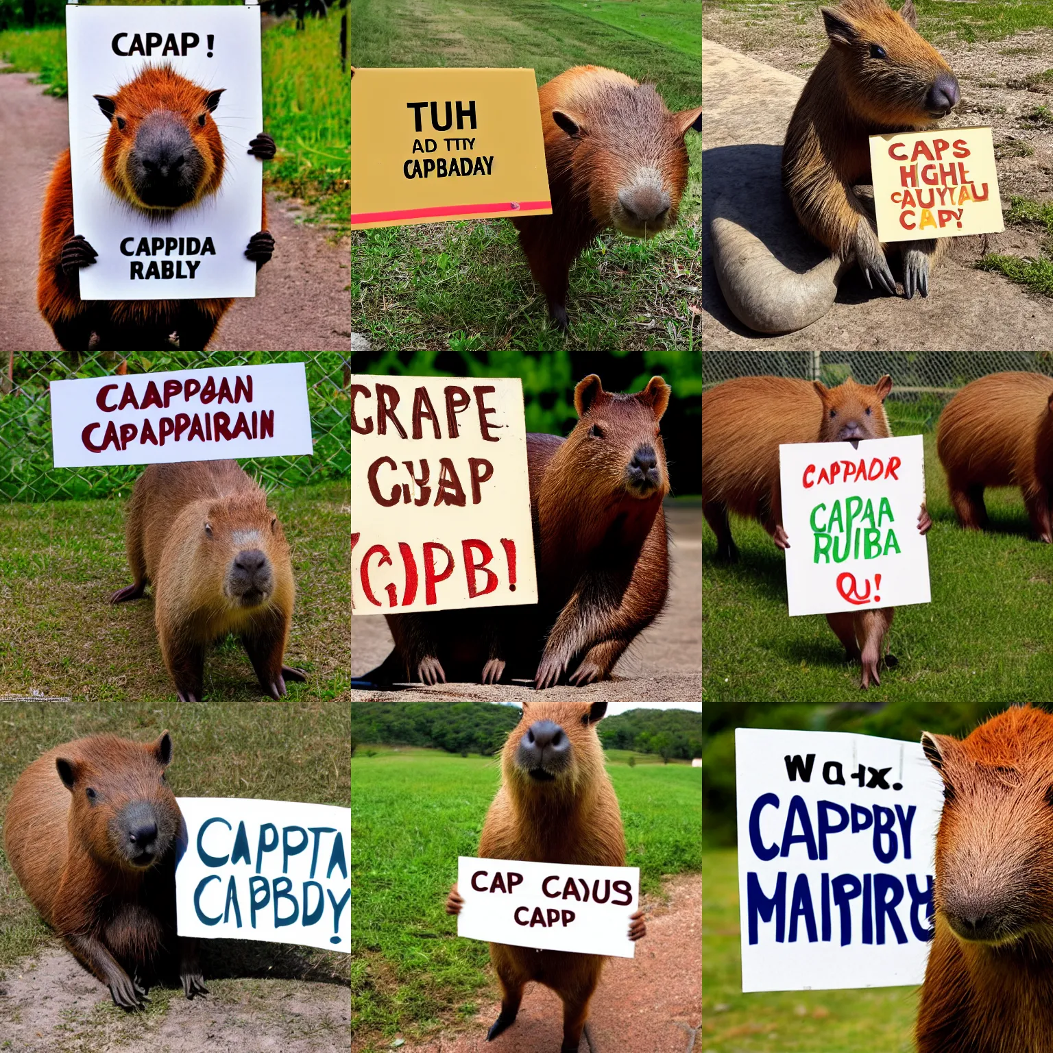 Image similar to realistic high quality photo of a capybara holding a sign with text that reads : capybara
