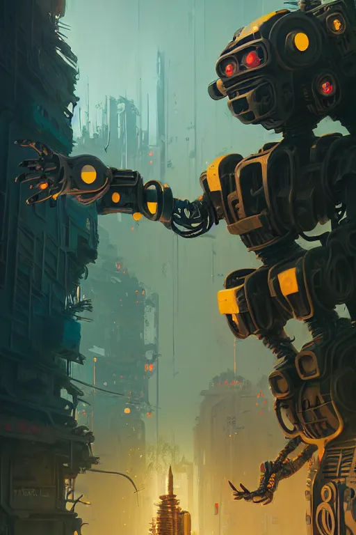 Prompt: matte painting of overgrowth extreme 3 d calligraphy graffiti tag mural maximalism robot by atey ghailan, by greg rutkowski, by greg tocchini, by james gilliard, by joe fenton, yellow, brown, black and cyan color scheme, octane render