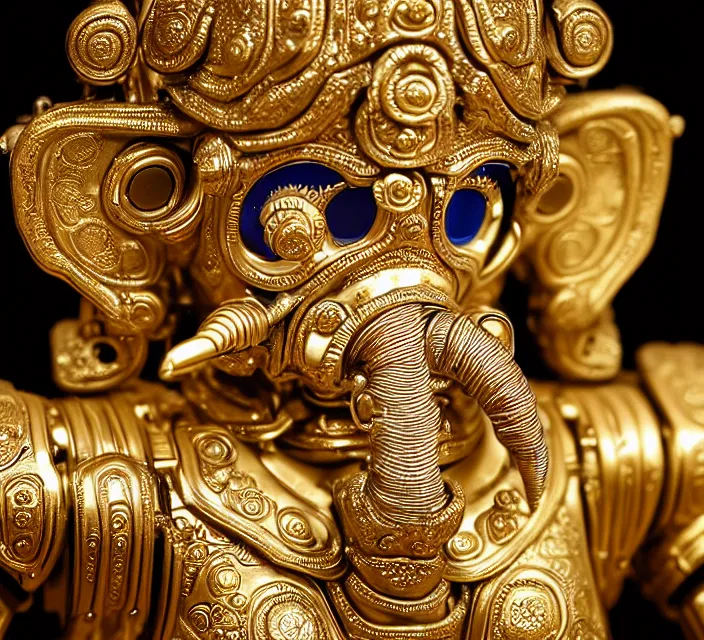 Image similar to beautiful cybernetic baroque robot ganesha, beautiful baroque porcelain face + body is clear plastic, inside organic robotic tubes and parts, symmetric, front facing, wearing translucent baroque rain - jacket + symmetrical composition + intricate details, hyperrealism, wet, reflections + by alfonse mucha and moebius, no blur dof bokeh