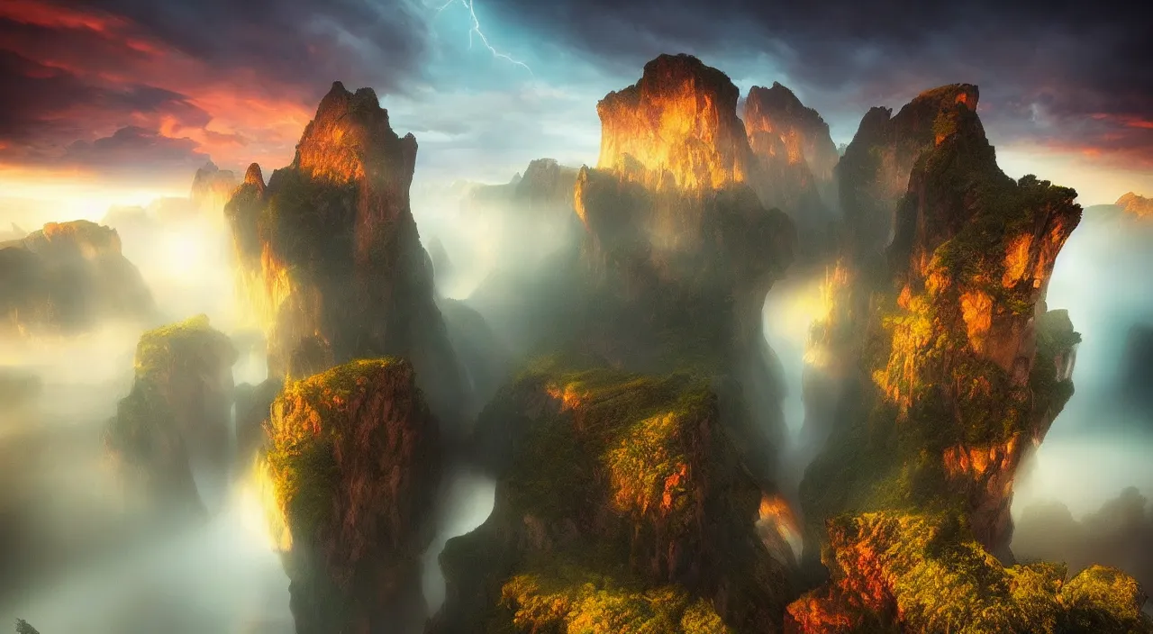 Image similar to amazing landscape photo of angry birds by marc adamus, beautiful dramatic lighting