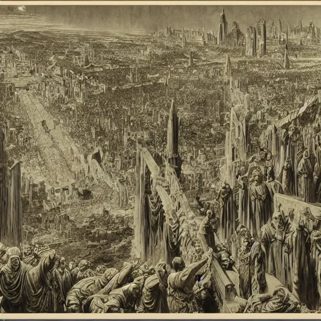 Prompt: artwork by Franklin Booth and Gustav Doré showing the fall of the city of Babylon