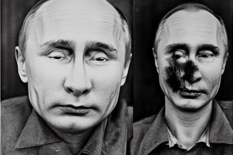 Prompt: putin as a clean-shaven hobo clown with a very sad face. head shot portrait. black and white 35mm photograph by emmett kelly.