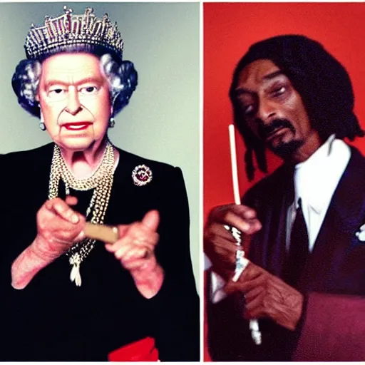 Prompt: Queen Elizabeth and Snoop Dogg smoking weed