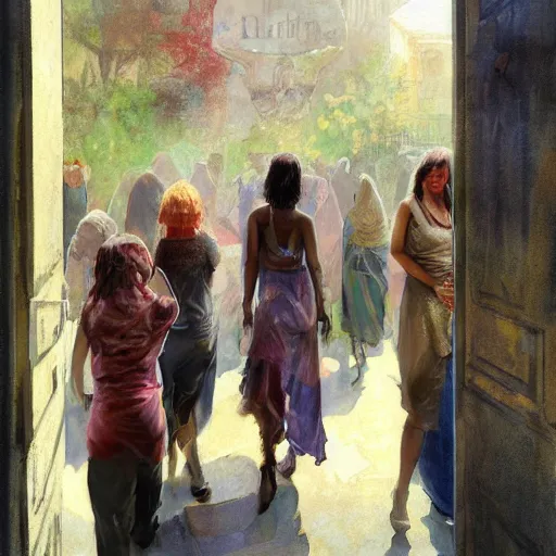 Prompt: group of women come out of hiding to look at the viewer, by jon foster