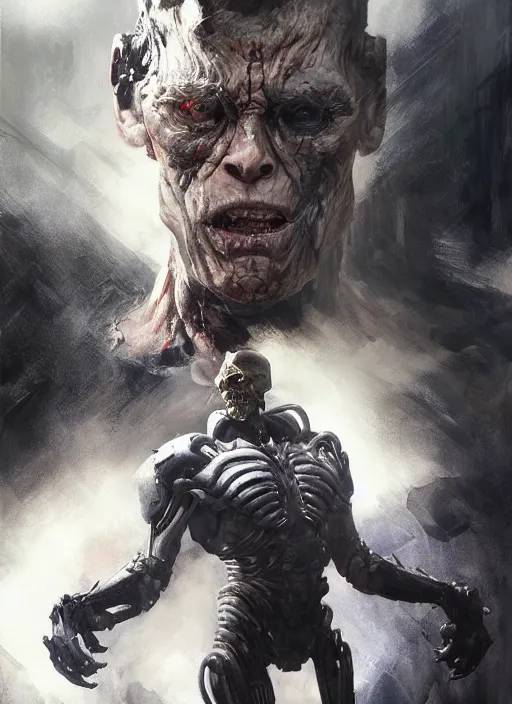 Image similar to willem dafoe as victor stone, full body concept, cyborg, borg, strogg, face of a man, terminator, flesh, quake strogg, doom demon, wolfenstein, monstrous, symmetry, symmetrical, concept art by ruan jia and greg rutkowski