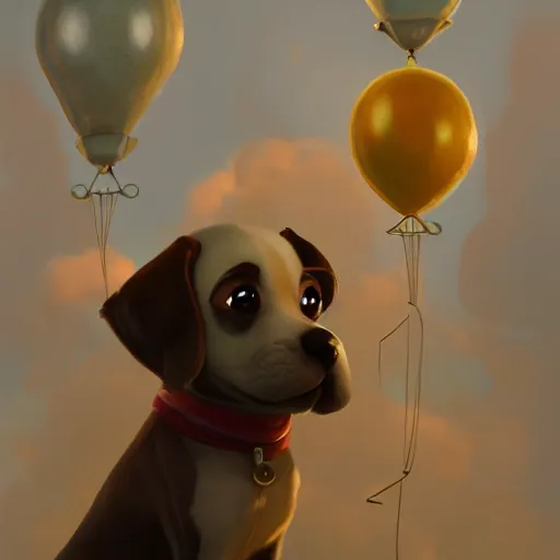 Image similar to puppy high in the air holding balloons, 8k, fantasy, intricate, cinematic lighting, highly detailed, digital painting, artstation, concept art, smooth, sharp focus, illustration, by Pixar